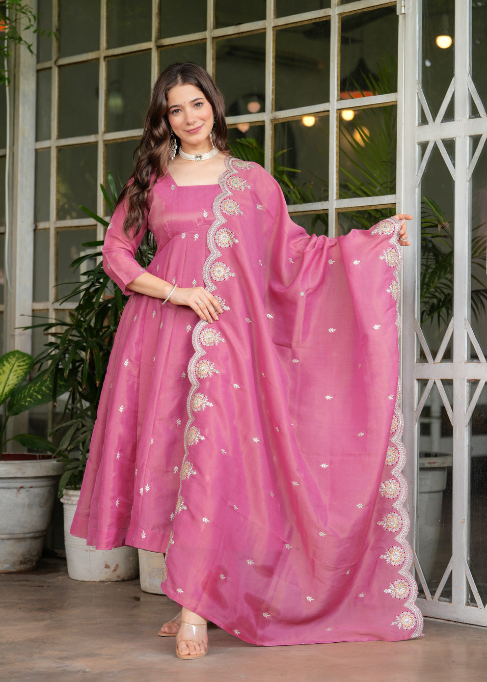 Pink Anarkali Ethnic Motifs Embroidered Sequined Kurta & Trousers With Dupatta