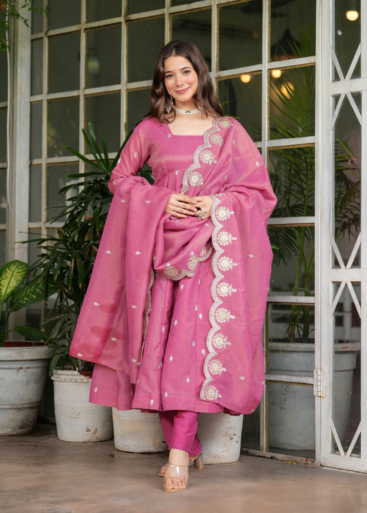 Pink Anarkali Ethnic Motifs Embroidered Sequined Kurta & Trousers With Dupatta