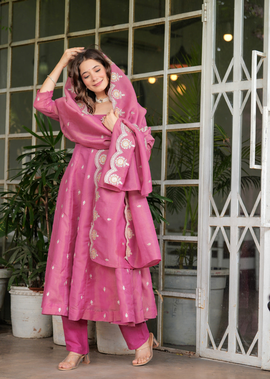 Pink Anarkali Ethnic Motifs Embroidered Sequined Kurta & Trousers With Dupatta