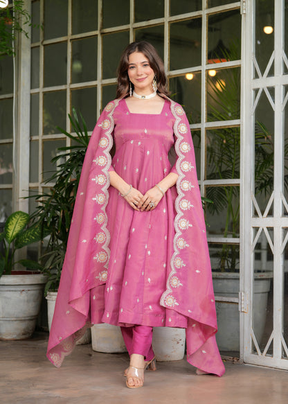 Pink Anarkali Ethnic Motifs Embroidered Sequined Kurta & Trousers With Dupatta