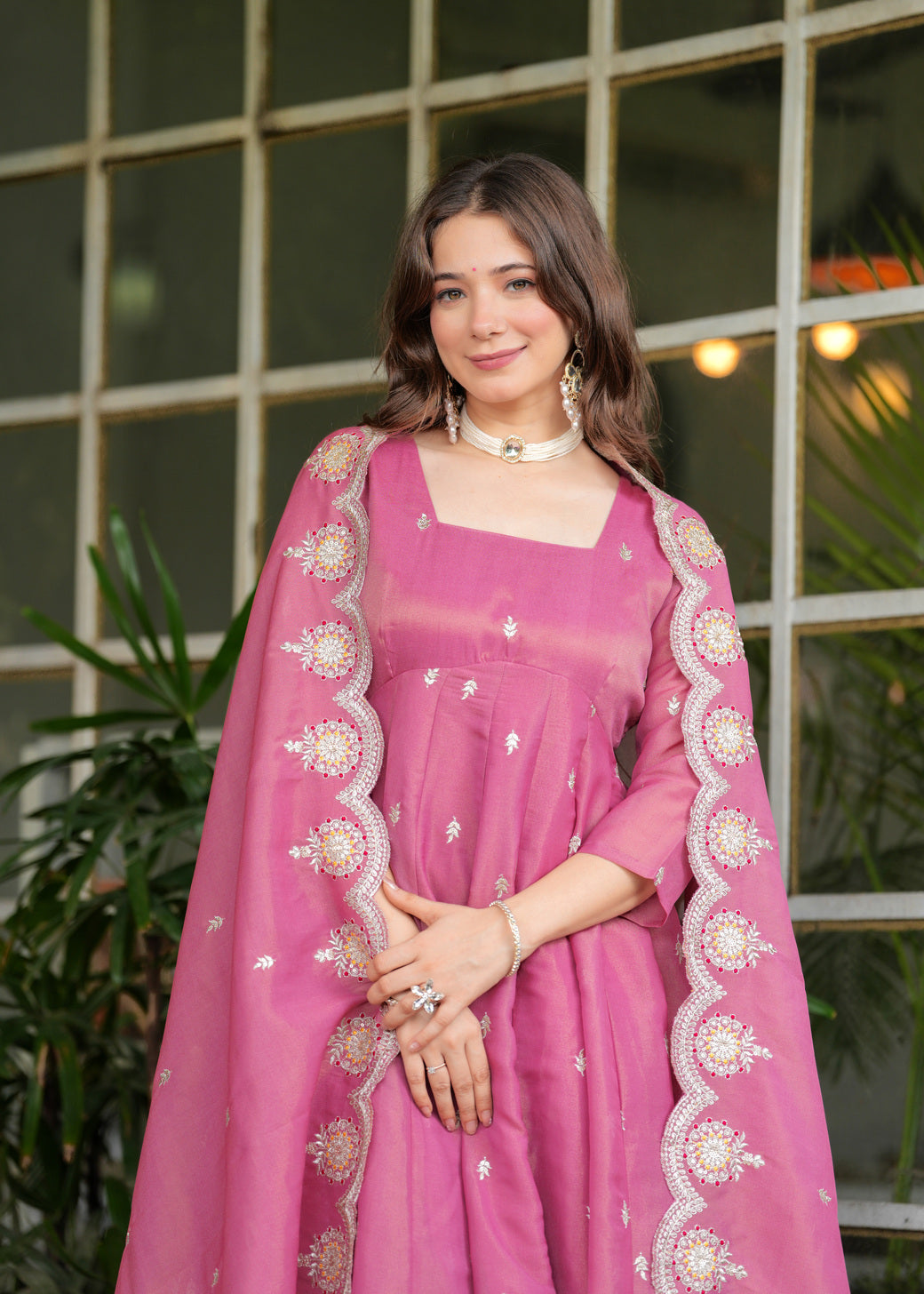 Pink Anarkali Ethnic Motifs Embroidered Sequined Kurta & Trousers With Dupatta