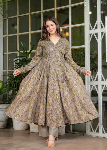 Grey Silk Cotton Ethnic Motif Anarkali Kurta With Palazzo Set