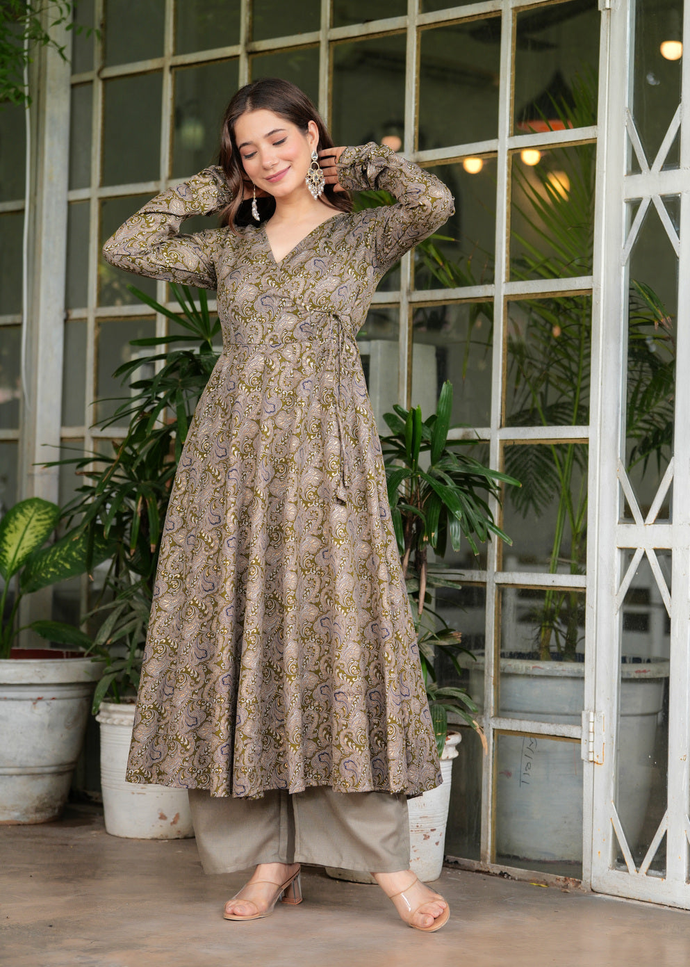 Grey Silk Cotton Ethnic Motif Anarkali Kurta With Palazzo Set