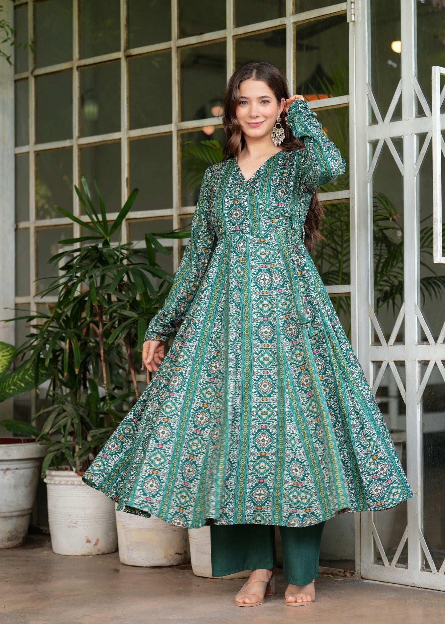 Firozi Poly Cotton Ethnic Motif Anarkali Kurta With Palazzo Set