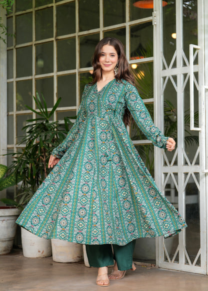 Firozi Poly Cotton Ethnic Motif Anarkali Kurta With Palazzo Set