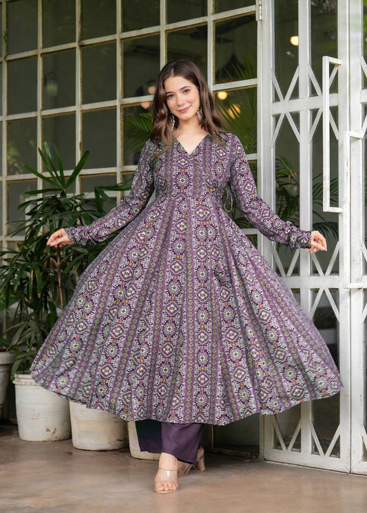 Wine Poly Cotton Ethnic Motif Anarkali Kurta With Palazzo Set