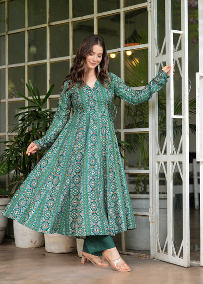 Firozi Poly Cotton Ethnic Motif Anarkali Kurta With Palazzo Set