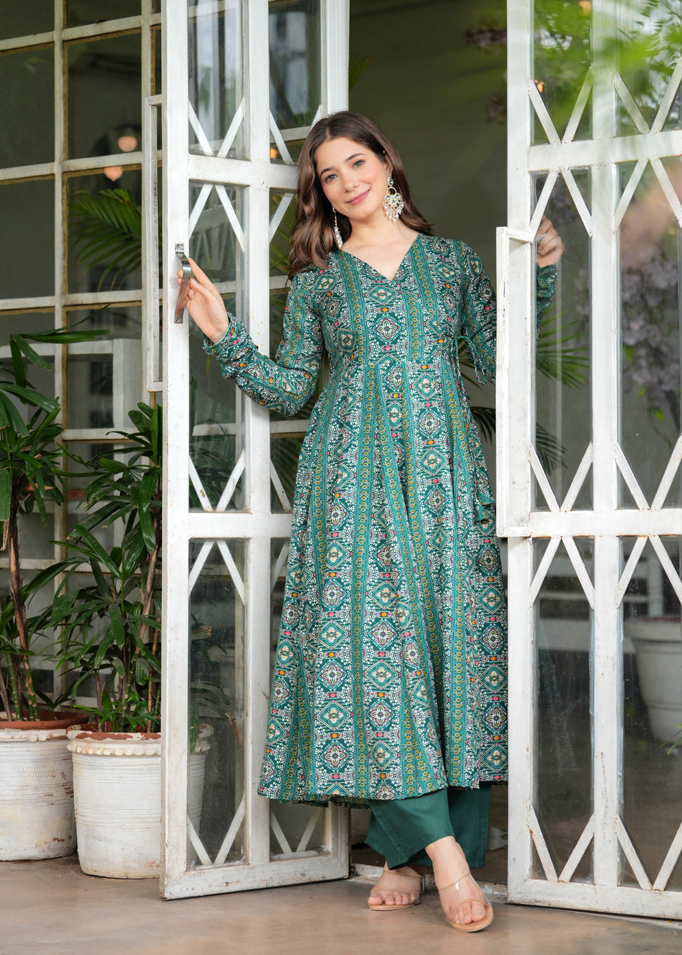 Firozi Poly Cotton Ethnic Motif Anarkali Kurta With Palazzo Set