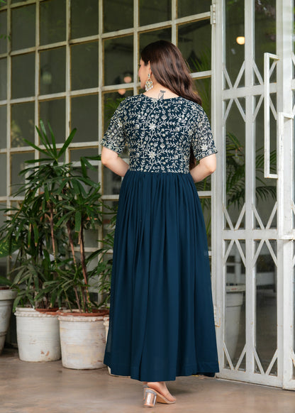 Teal Fit And Flared Floral Embroidery Gown & Dresses