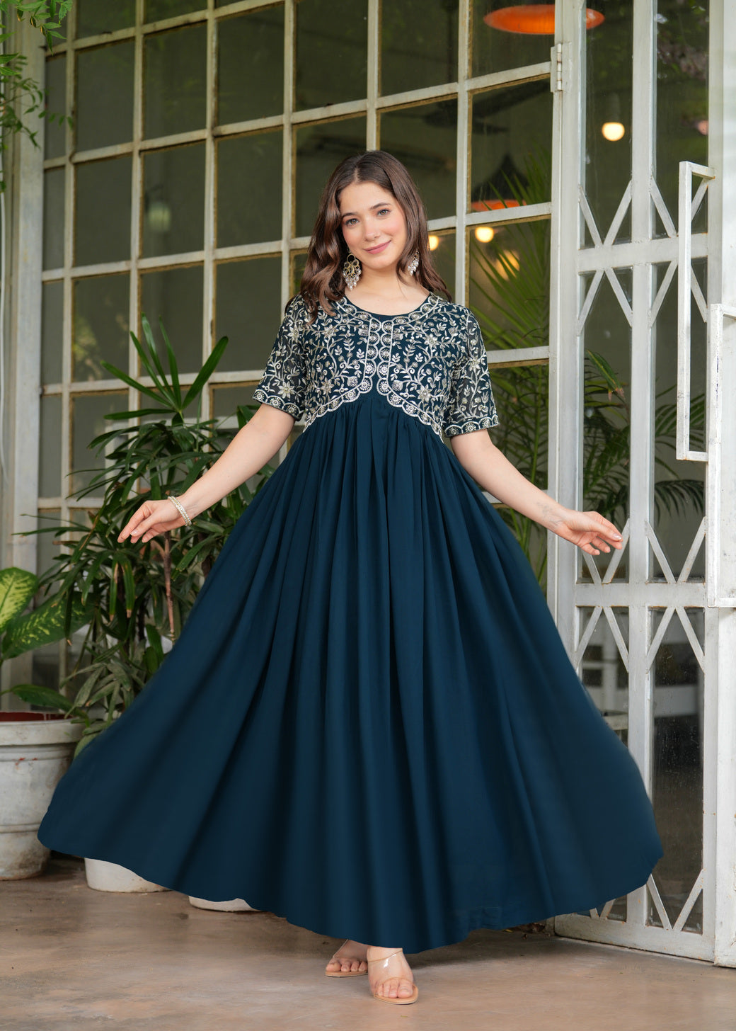 Teal Fit And Flared Floral Embroidery Gown & Dresses