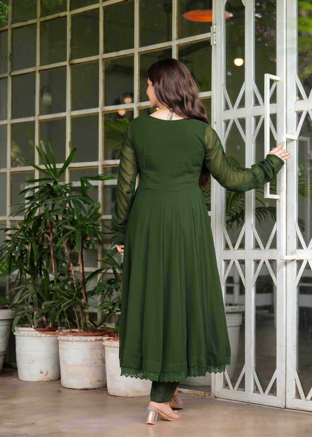 Olive Green Anarkali Solid Lace Work Kurta & Trousers With Dupatta