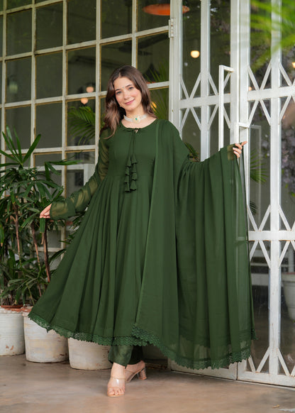 Olive Green Anarkali Solid Lace Work Kurta & Trousers With Dupatta