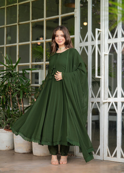 Olive Green Anarkali Solid Lace Work Kurta & Trousers With Dupatta