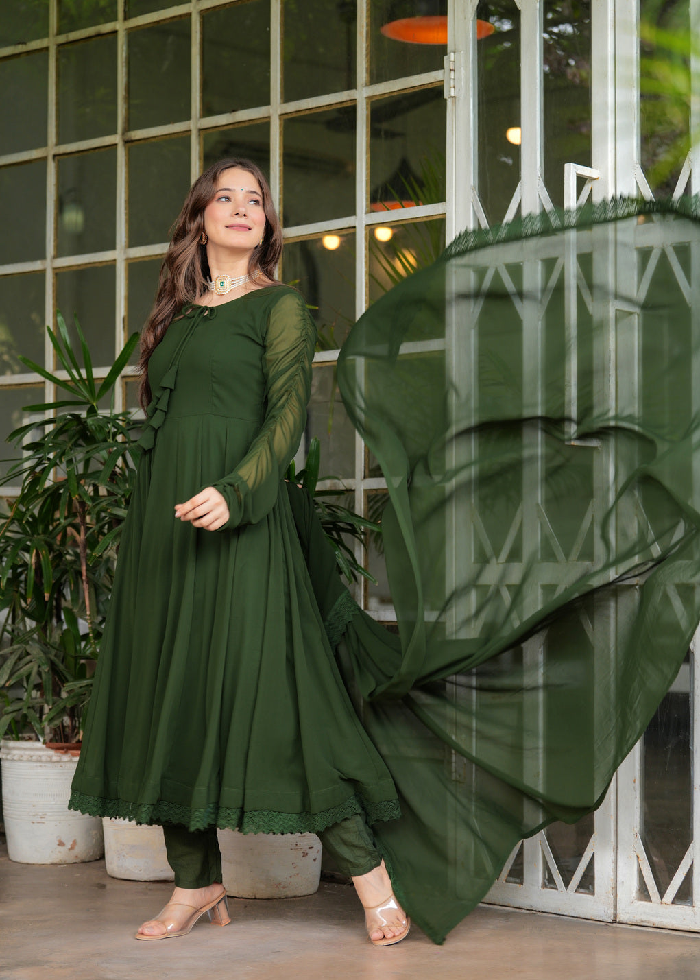 Olive Green Anarkali Solid Lace Work Kurta & Trousers With Dupatta