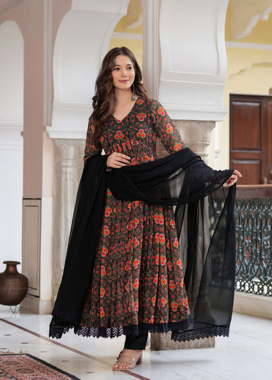 Black Flared Ethnic Motifs Printed Kurta & Trousers With Dupatta