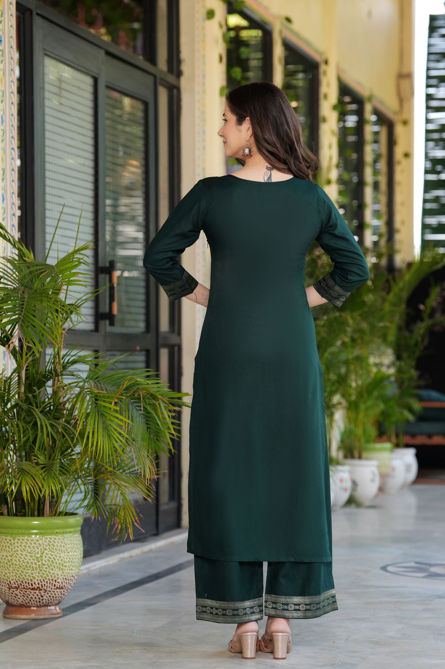 Green Straight Jacquard  Patch Kurta and Palazzo With Dupatta