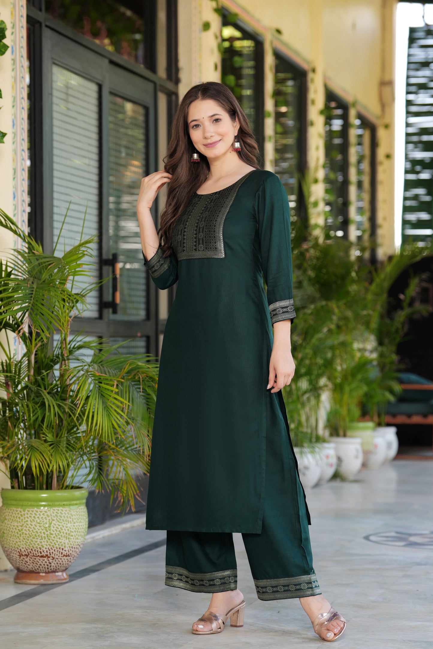 Green Straight Jacquard  Patch Kurta and Palazzo With Dupatta