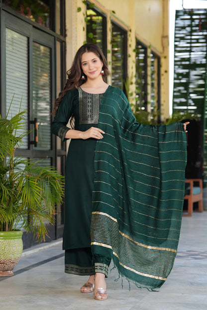 Green Straight Jacquard  Patch Kurta and Palazzo With Dupatta