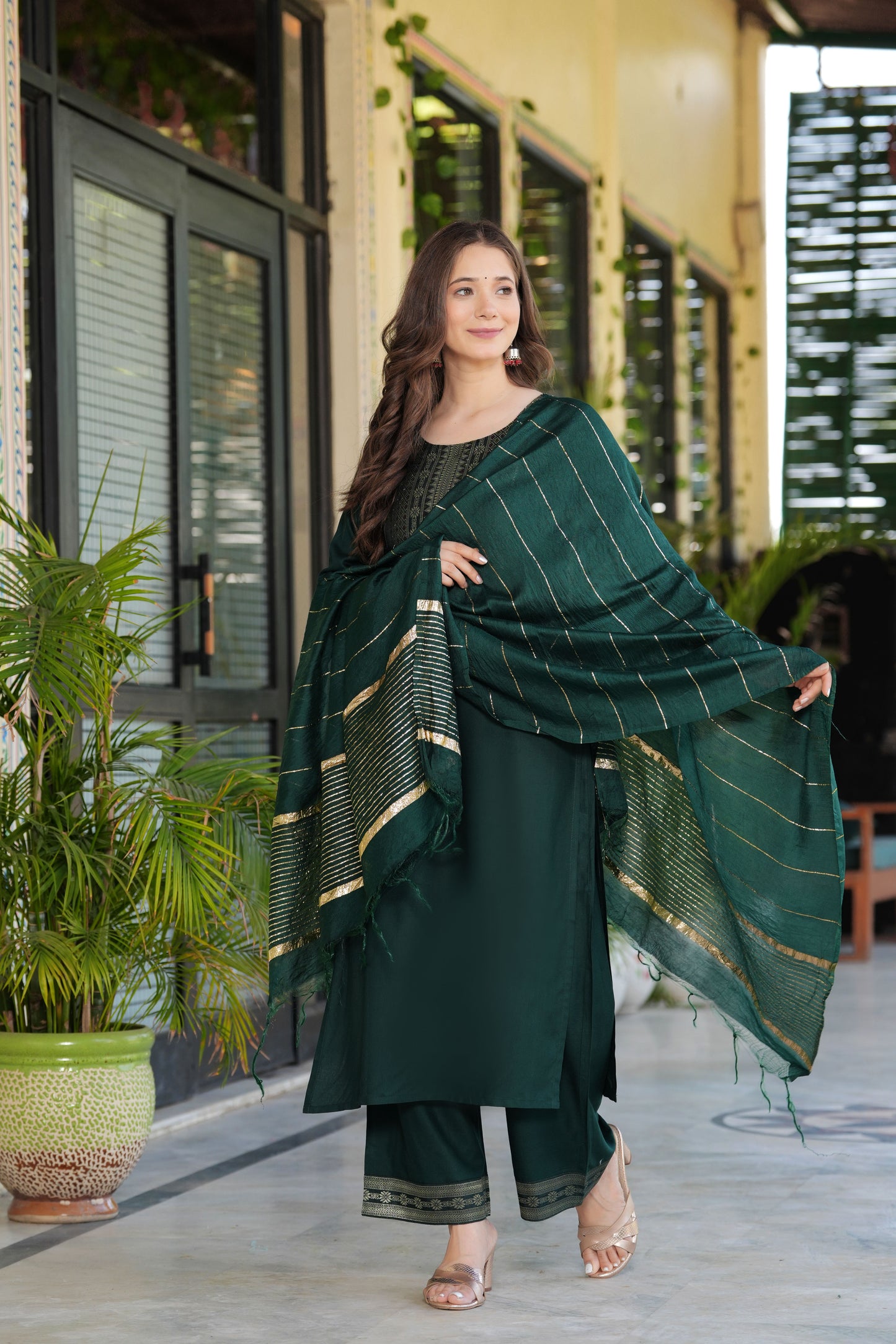 Green Straight Jacquard  Patch Kurta and Palazzo With Dupatta