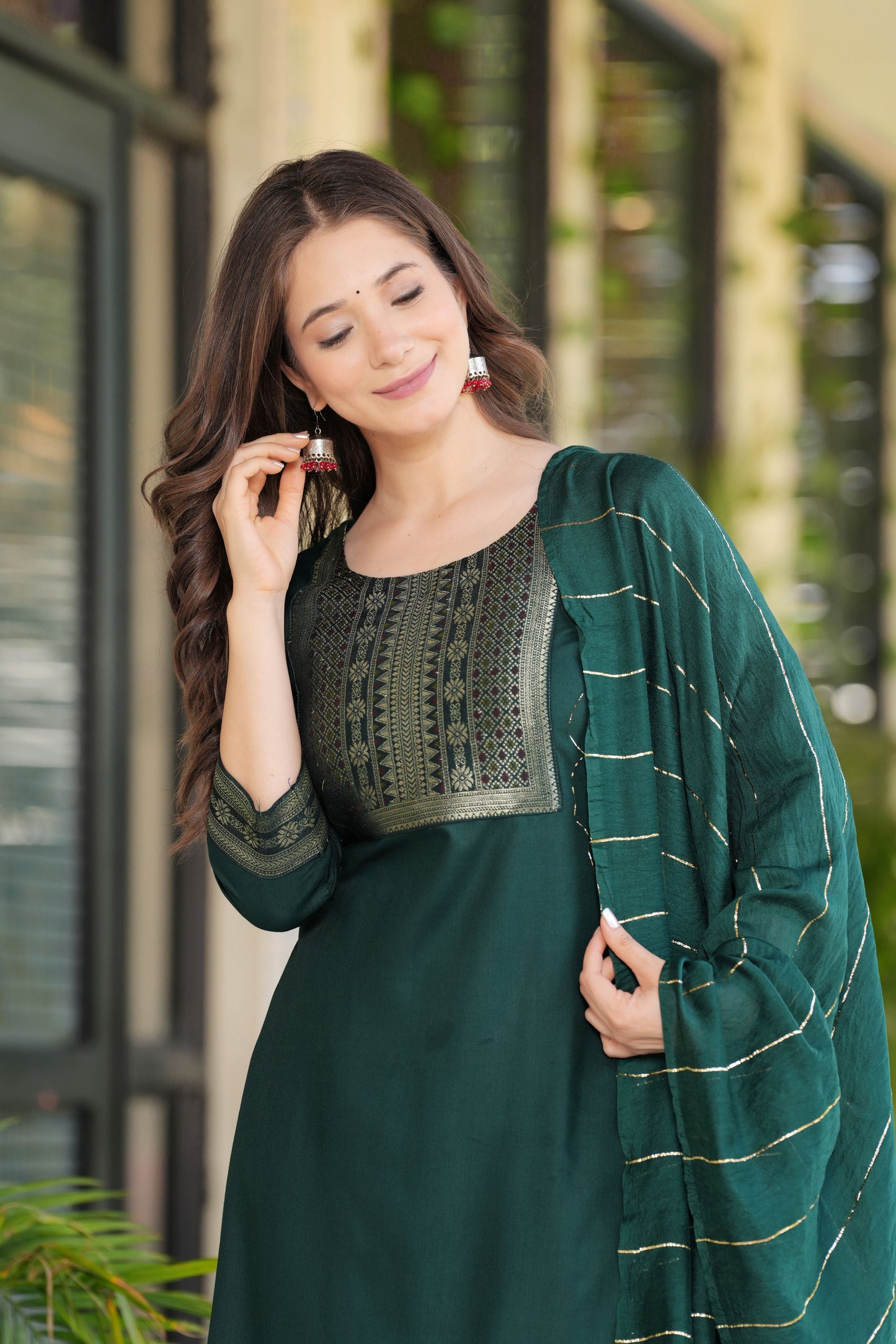 Green Straight Jacquard  Patch Kurta and Palazzo With Dupatta