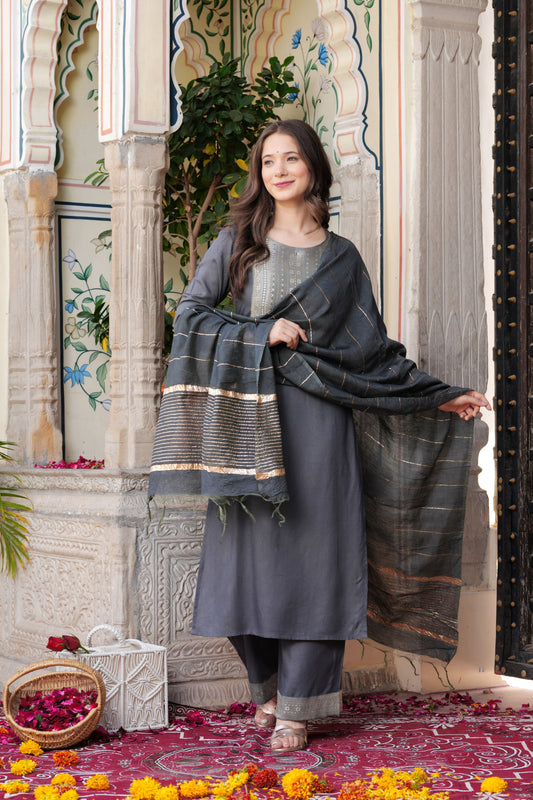 Grey Straight Jacquard  Patch Kurta and Palazzo With Dupatta