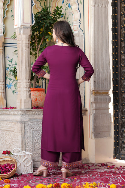 Wine Straight Jacquard  Patch Kurta and Palazzo With Dupatta