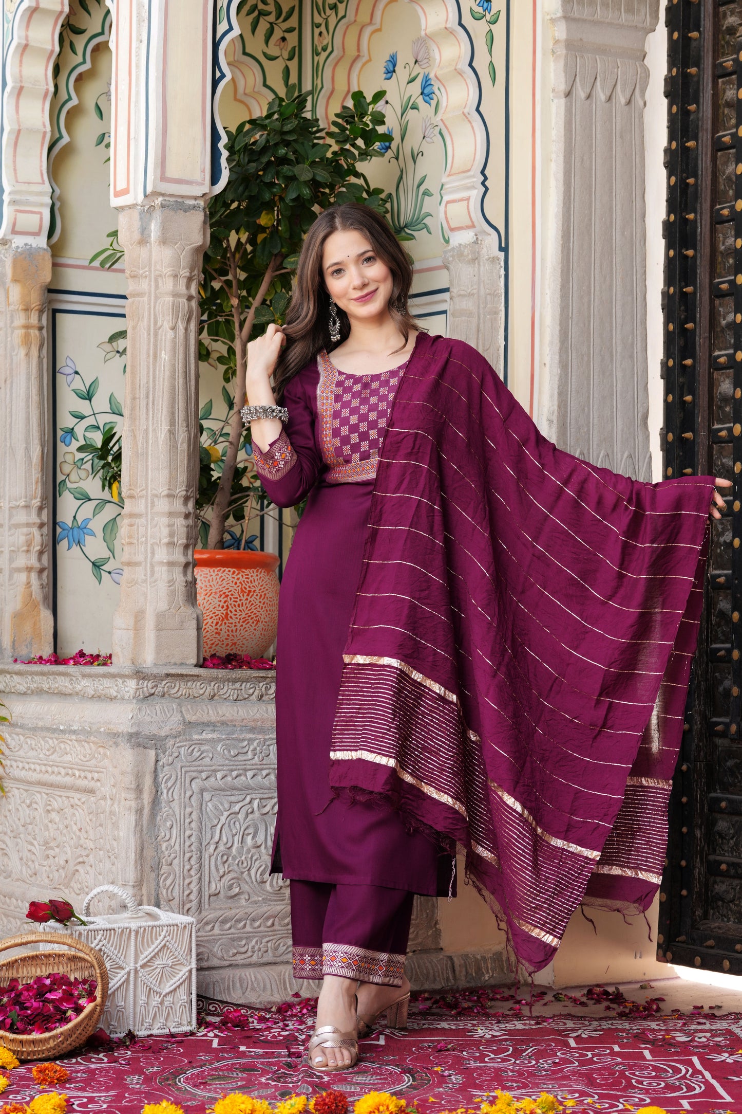 Wine Straight Jacquard  Patch Kurta and Palazzo With Dupatta