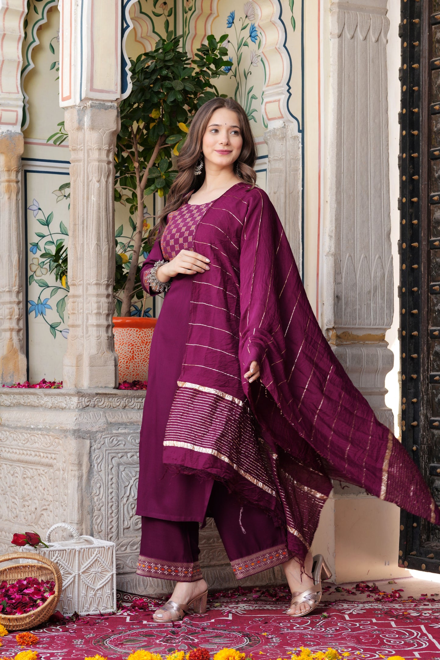 Wine Straight Jacquard  Patch Kurta and Palazzo With Dupatta