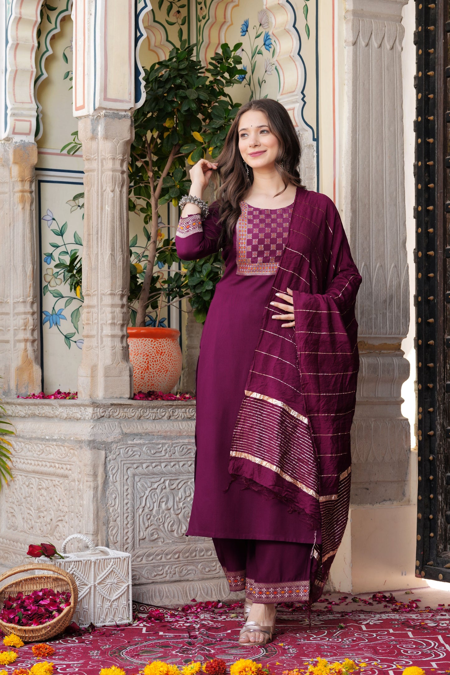 Wine Straight Jacquard  Patch Kurta and Palazzo With Dupatta