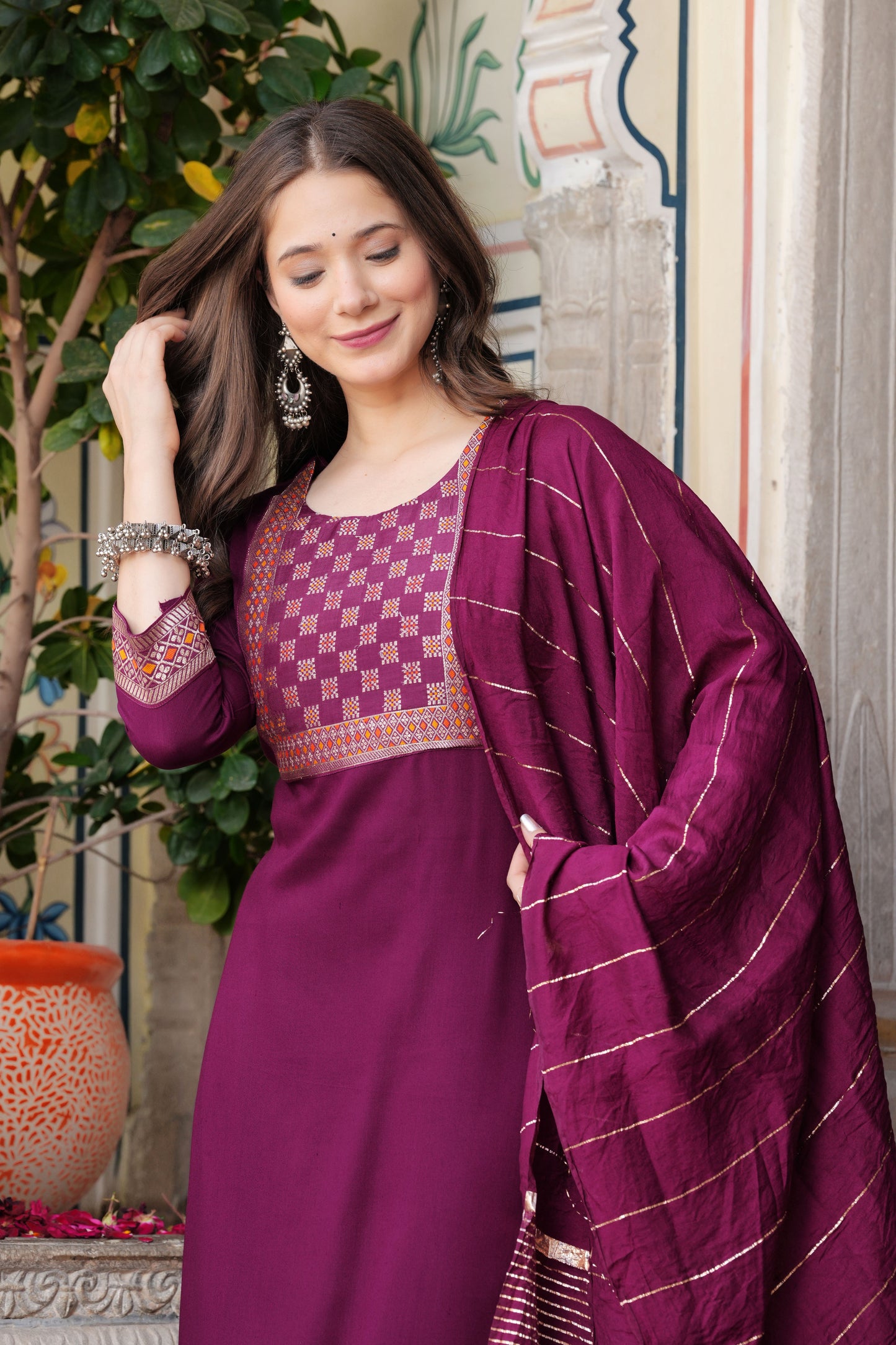 Wine Straight Jacquard  Patch Kurta and Palazzo With Dupatta