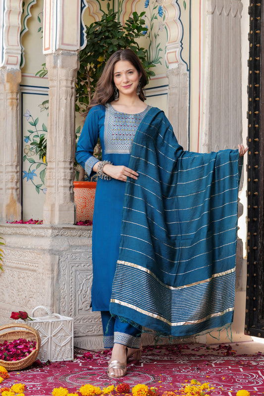 Teal Straight Jacquard  Patch Kurta and Palazzo With Dupatta