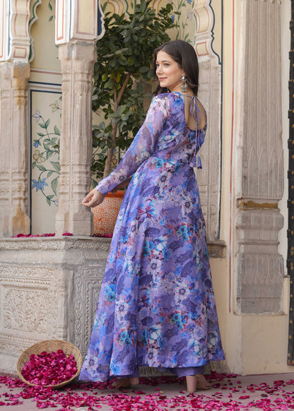 Purple Anarkali Ethnic Floral Print Kurta & Trousers With Dupatta