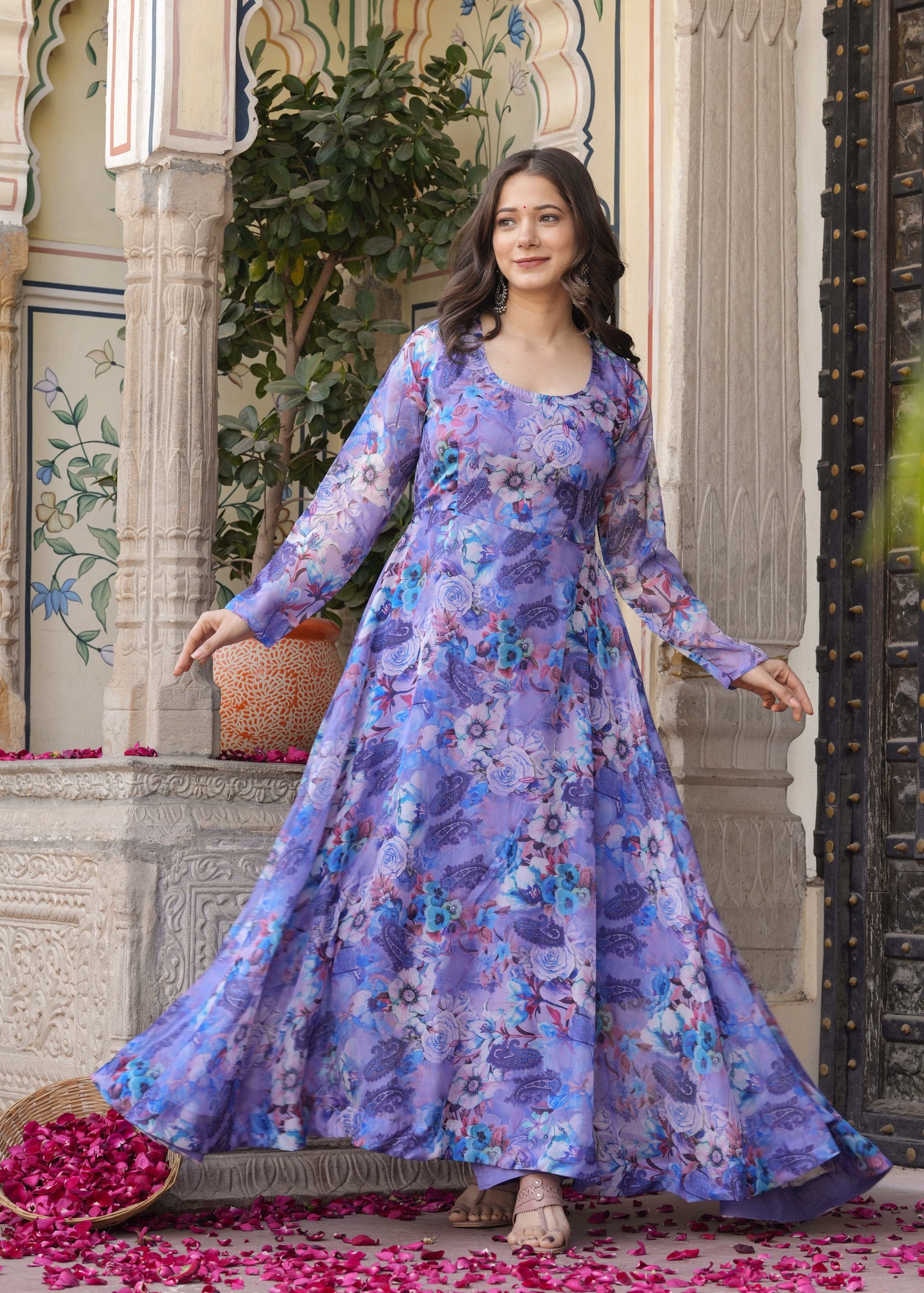 Purple Anarkali Ethnic Floral Print Kurta & Trousers With Dupatta