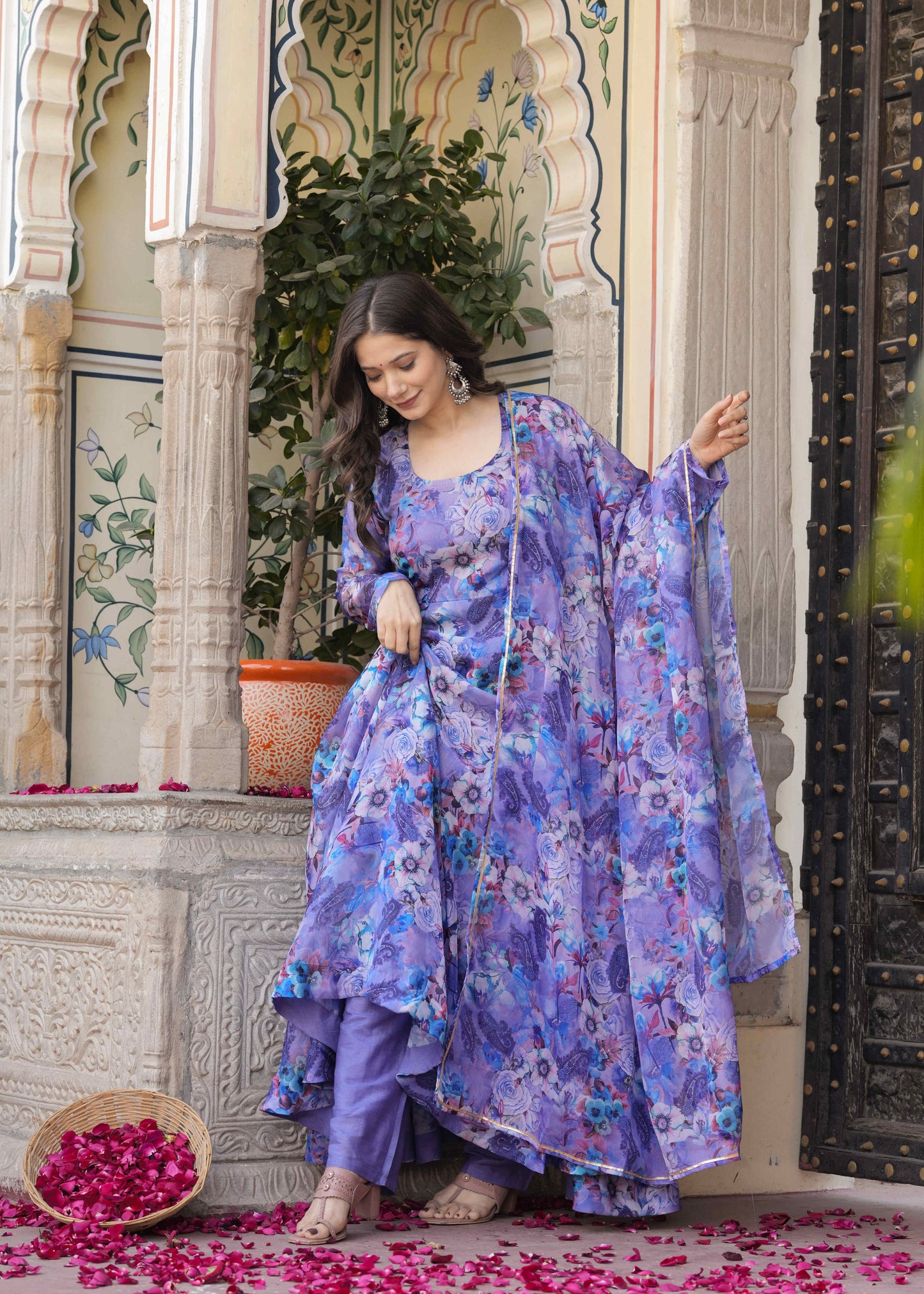 Purple Anarkali Ethnic Floral Print Kurta & Trousers With Dupatta