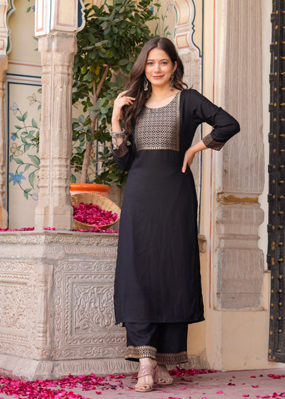 Black Straight Jacquard Patch Kurta and Palazzo With Dupatta