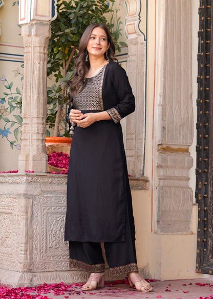 Black Straight Jacquard Patch Kurta and Palazzo With Dupatta