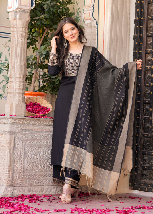 Black Straight Jacquard Patch Kurta and Palazzo With Dupatta