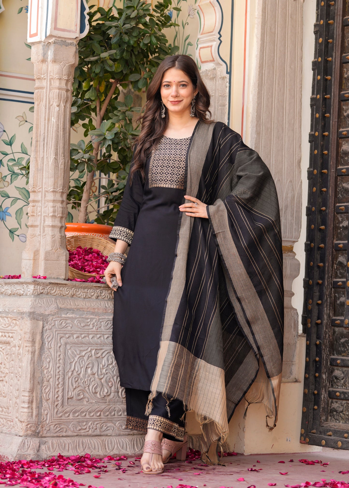 Black Straight Jacquard Patch Kurta and Palazzo With Dupatta