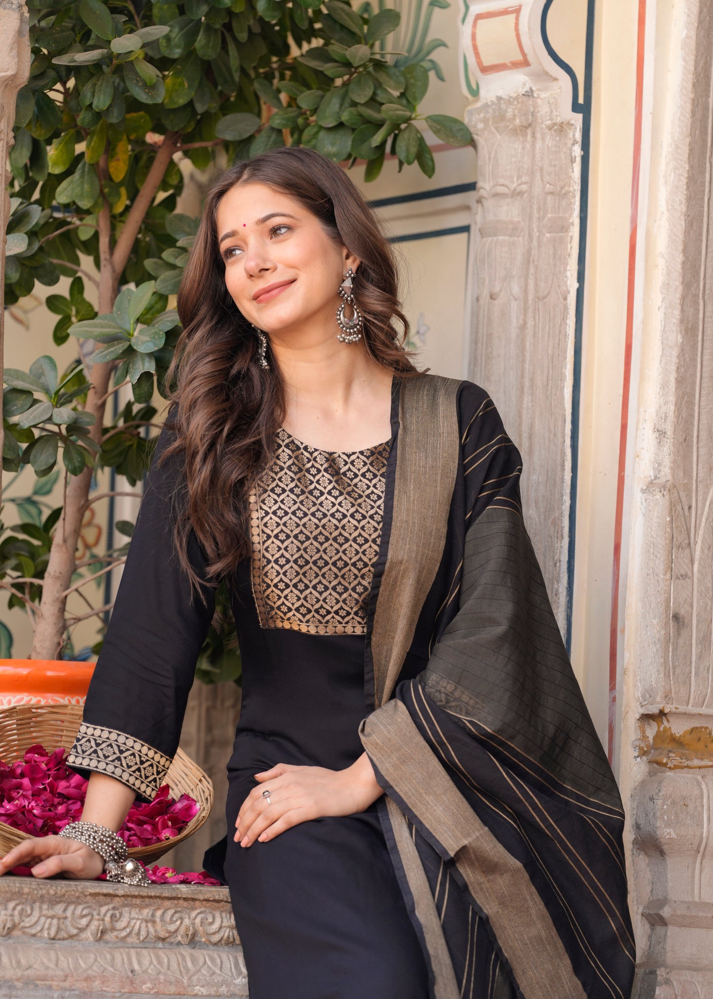 Black Straight Jacquard Patch Kurta and Palazzo With Dupatta