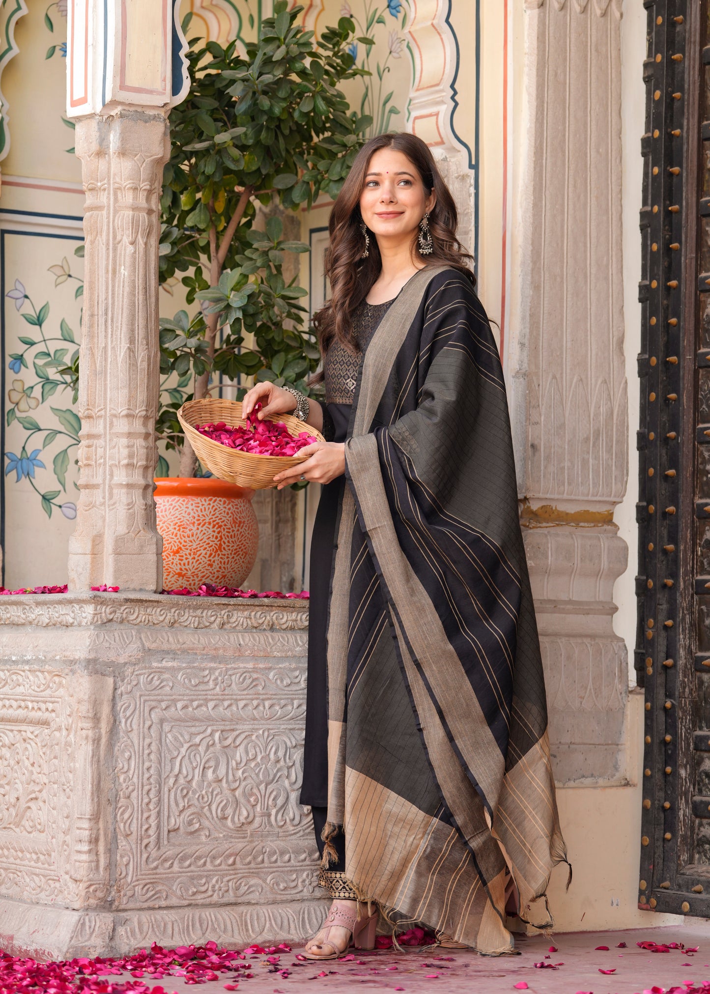 Black Straight Jacquard Patch Kurta and Palazzo With Dupatta