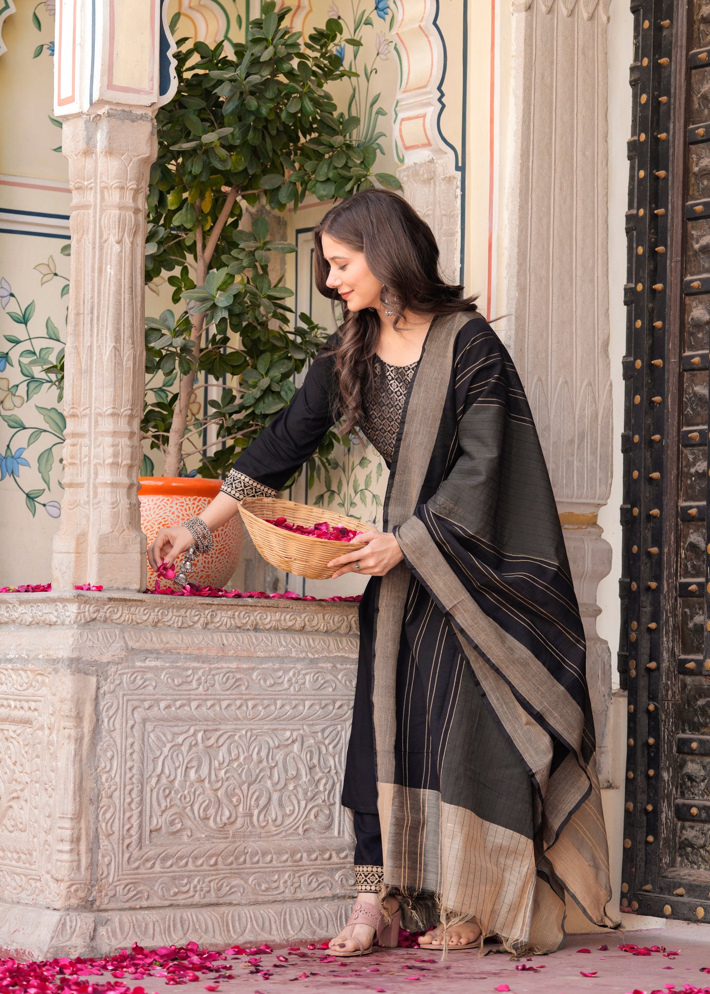 Black Straight Jacquard Patch Kurta and Palazzo With Dupatta