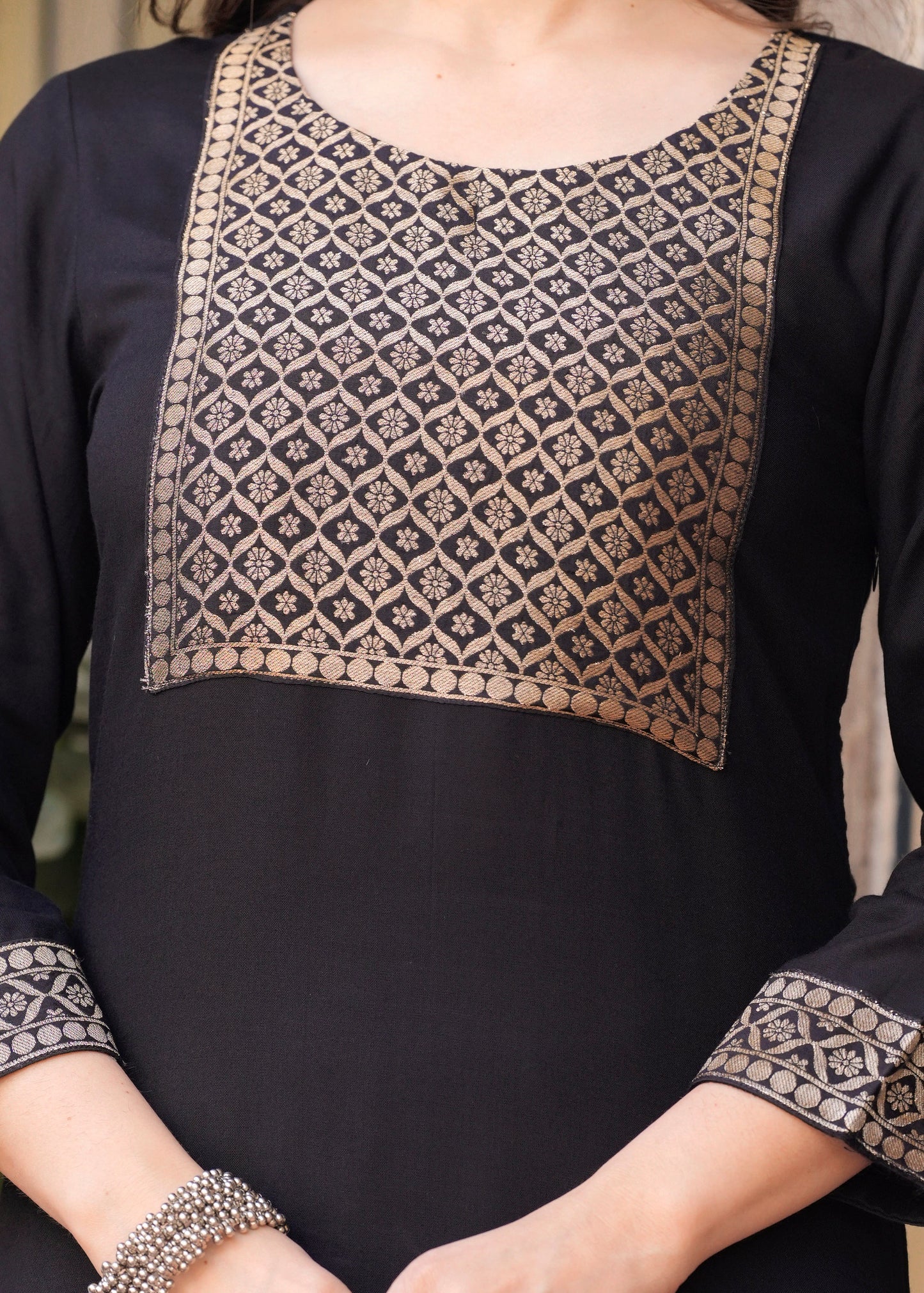 Black Straight Jacquard Patch Kurta and Palazzo With Dupatta