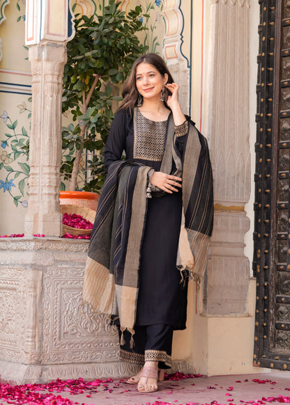 Black Straight Jacquard Patch Kurta and Palazzo With Dupatta