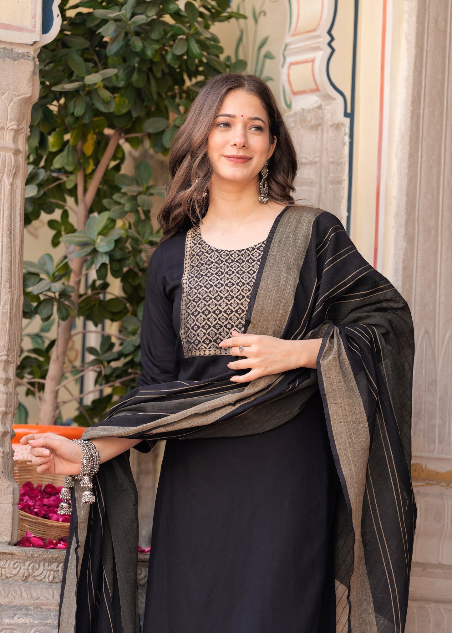 Black Straight Jacquard Patch Kurta and Palazzo With Dupatta