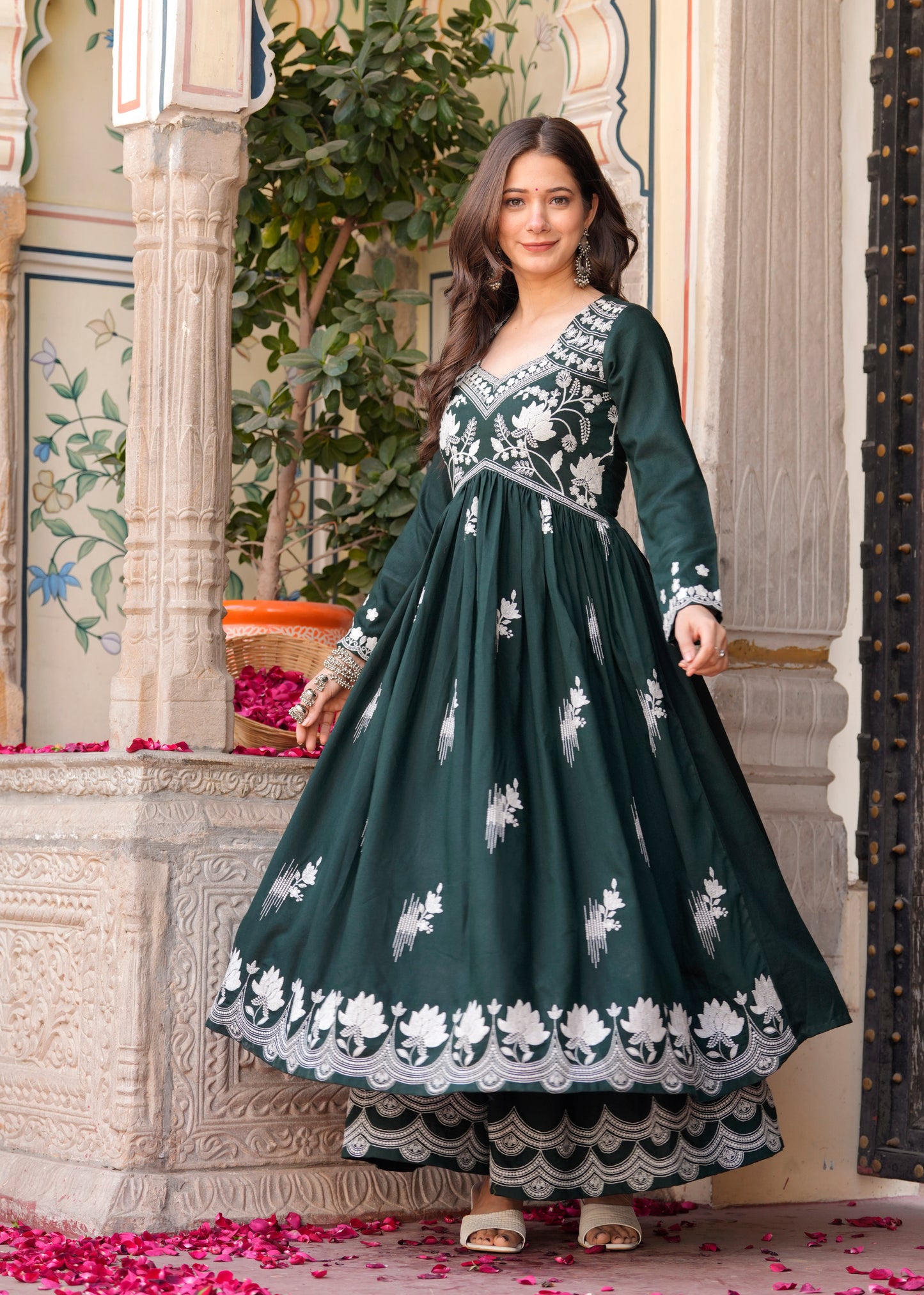 Green Rayon Ethnic Motif Embroidery Fit And Flared  Kurta With Sharara Set