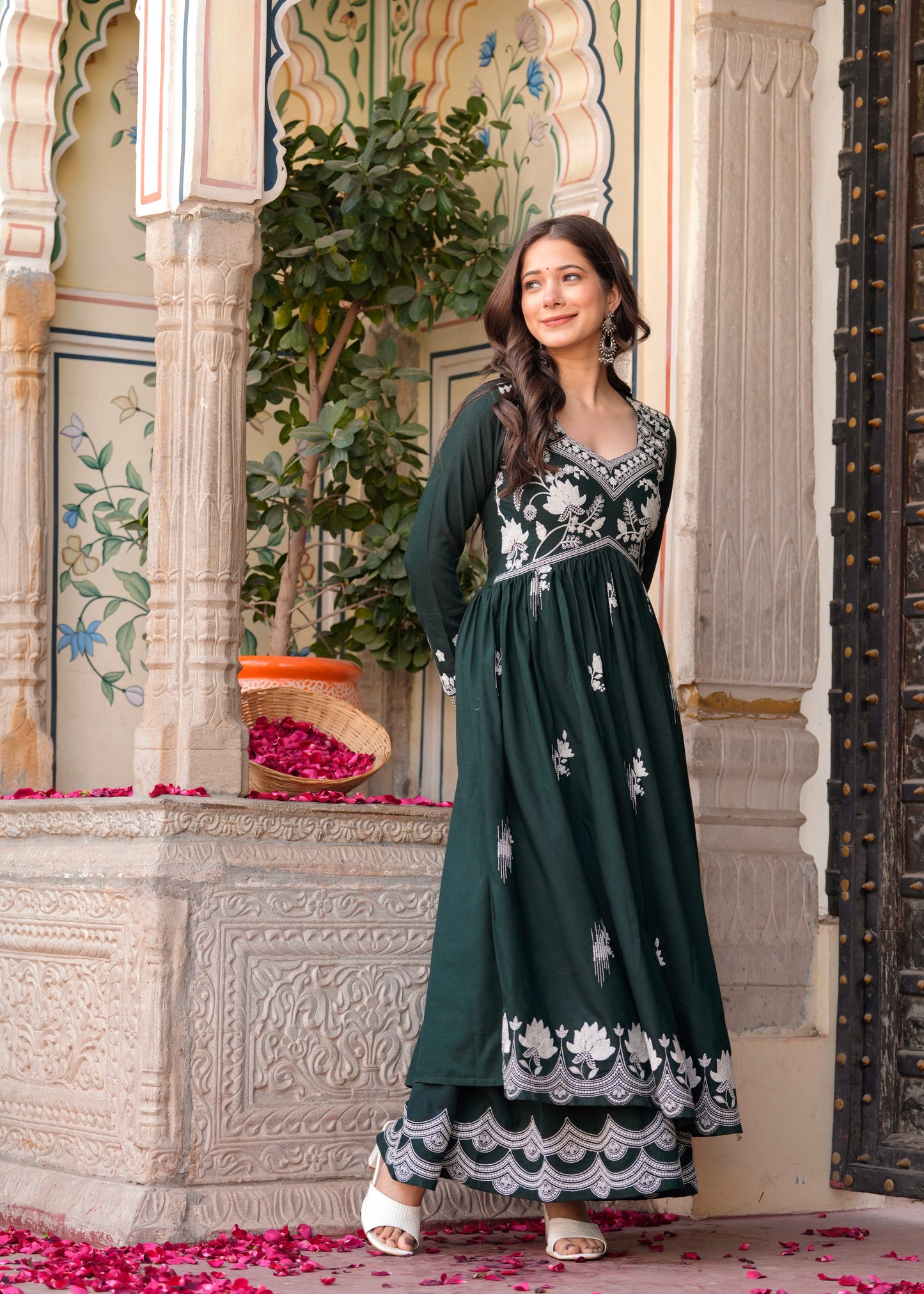 Green Rayon Ethnic Motif Embroidery Fit And Flared  Kurta With Sharara Set