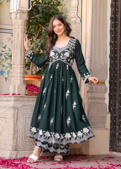 Green Rayon Ethnic Motif Embroidery Fit And Flared  Kurta With Sharara Set