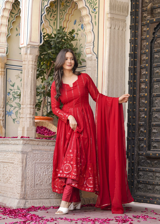 Red Anarkali Ethnic Motifs Embroidered Sequined Kurta & Trousers With Dupatta