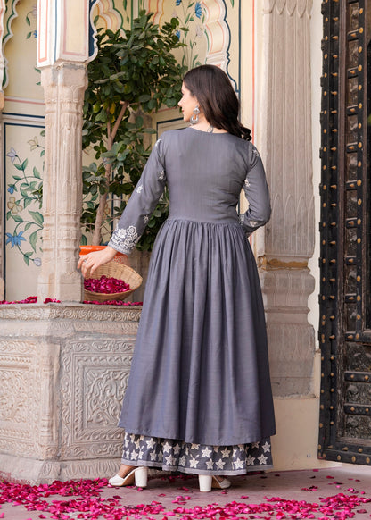 Grey Rayon Ethnic Motif Embroidery Fit And Flared  Kurta With Sharara Set