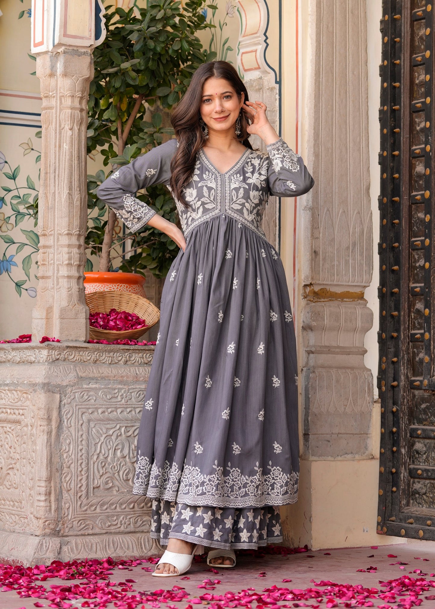 Grey Rayon Ethnic Motif Embroidery Fit And Flared  Kurta With Sharara Set